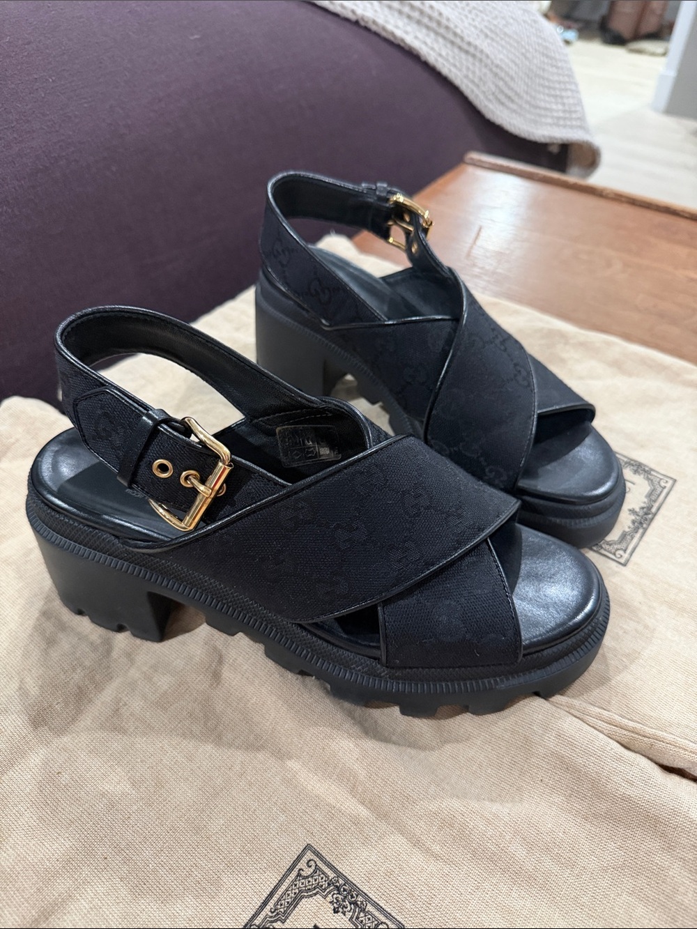 Gucci Black Crisscross GG Canvas Slingback Sandals with Gold Buckle - Picture 2 of 10